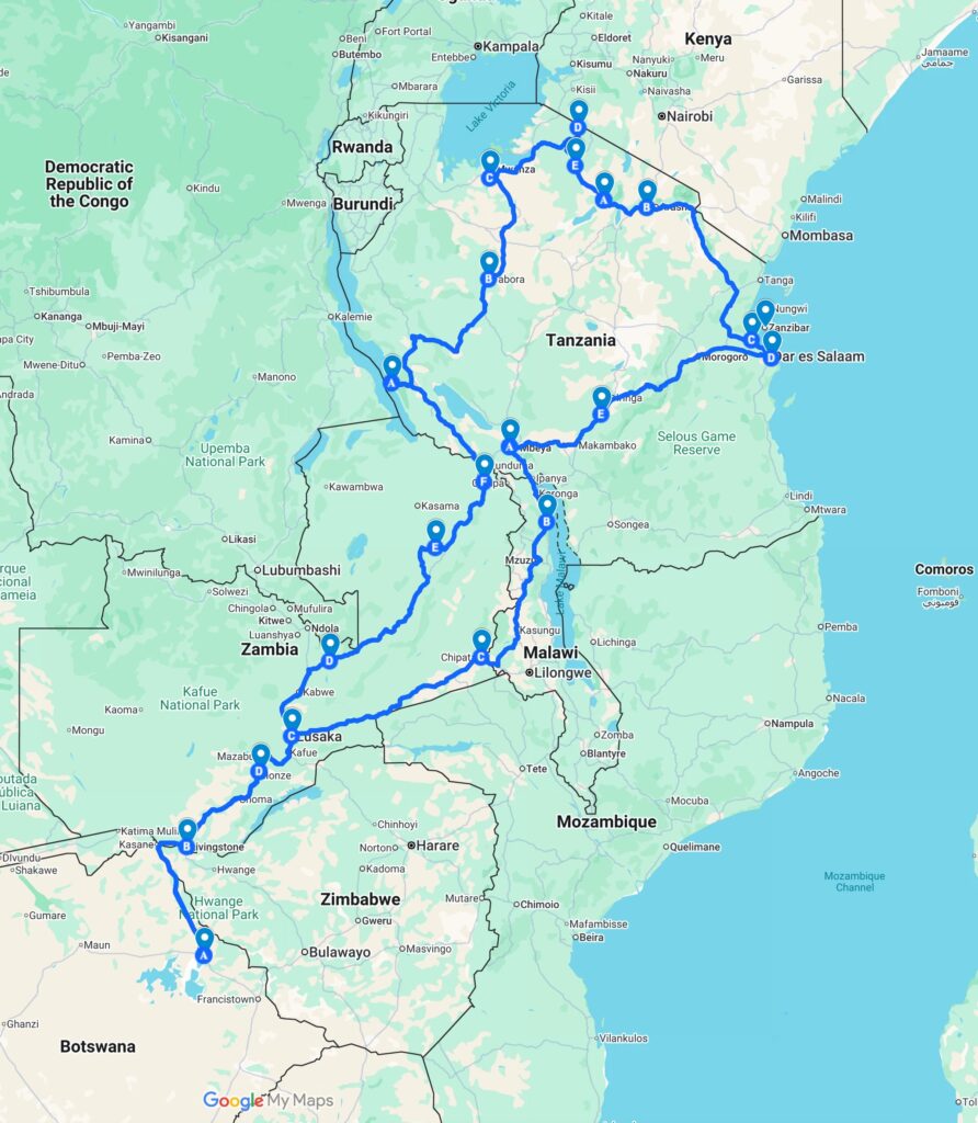 Route map of the Serengeti & Mara River 2028 tour, Nata to Nata through Zambia, Tanzania and Malawi
